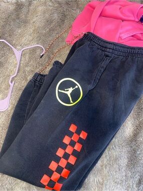 Jordan Black Joggers with Red Checker and Neon Yellow Jumpman